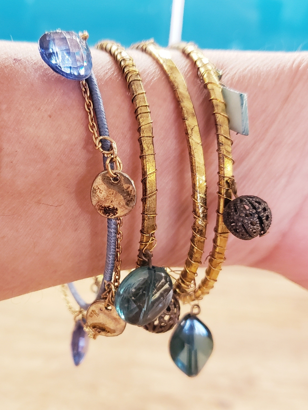 Gold and Teal Beaded Stackable Women's Bracelet Set